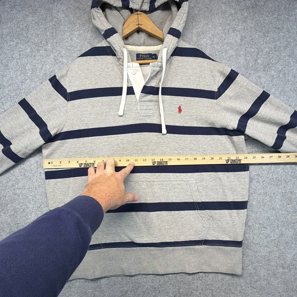 Polo Ralph Lauren Gray Blue Striped Rugby Hoodie Polo Shirt Long Sleeve Men XL